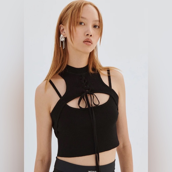 MONSE Tops - Monse Black Halter Lace Front Neck Knit Crop Top Size Small